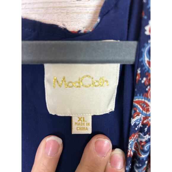 ModCloth women's XLBoho Blue Red Paisley Bluebells Fit & Flare mini Dress bell - Picture 4 of 7